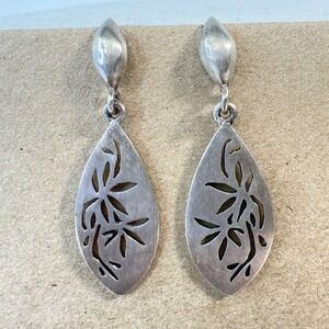 Sterling Silver Cut Out‎ Earrings Floral Bamboo Signed Crown Mark